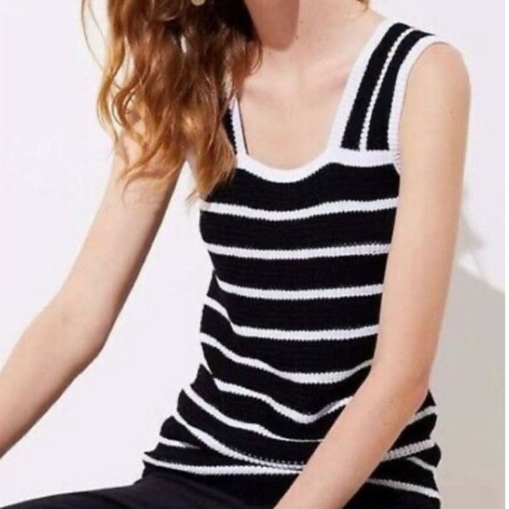 LOFT Black and White Striped Knit Tank Top